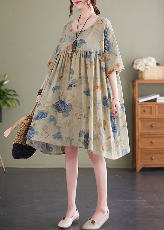 Light Green Print Cotton Holiday Dress Oversized Batwing Sleeve Ada Fashion
