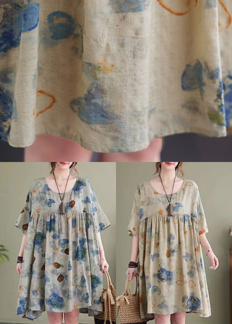 Light Green Print Cotton Holiday Dress Oversized Batwing Sleeve Ada Fashion