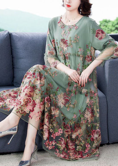 Light Green Tulle A Line Dresses Embroideried Exra Large Hem Bracelet Sleeve LC0085 - fabuloryshop