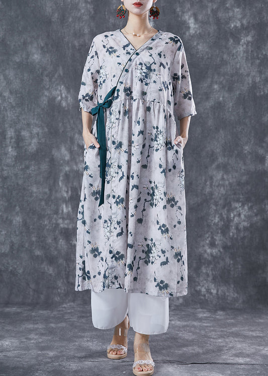 Light Grey Print Linen Long Dress V Neck Lace Up Summer TA1065 - fabuloryshop