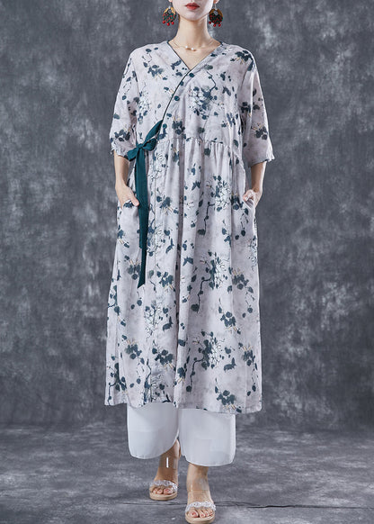 Light Grey Print Linen Long Dress V Neck Lace Up Summer LY5028 - fabuloryshop