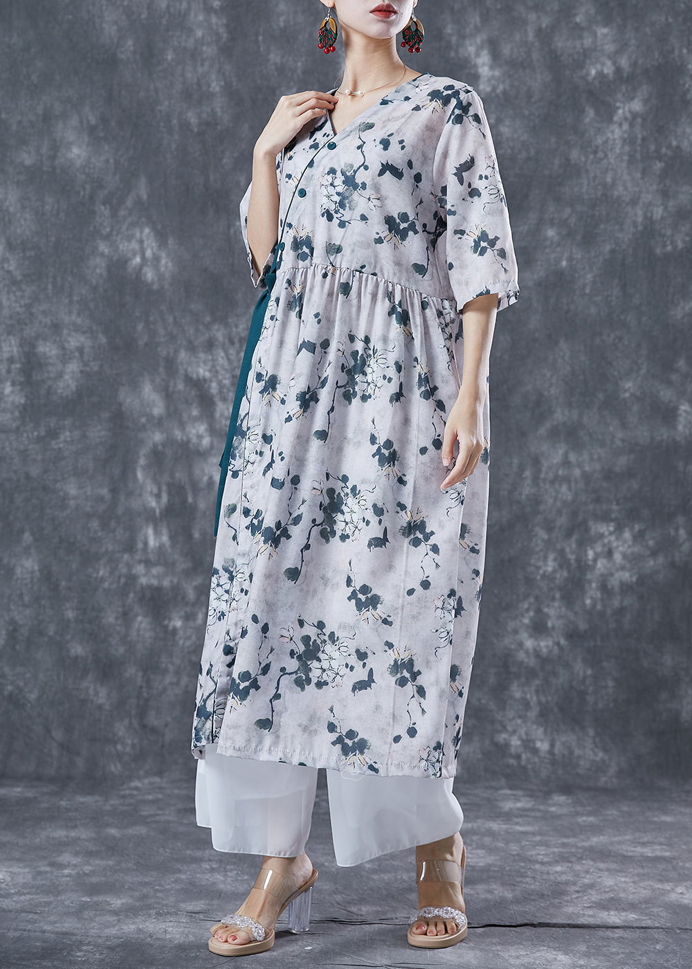 Light Grey Print Linen Long Dress V Neck Lace Up Summer TA1065 - fabuloryshop