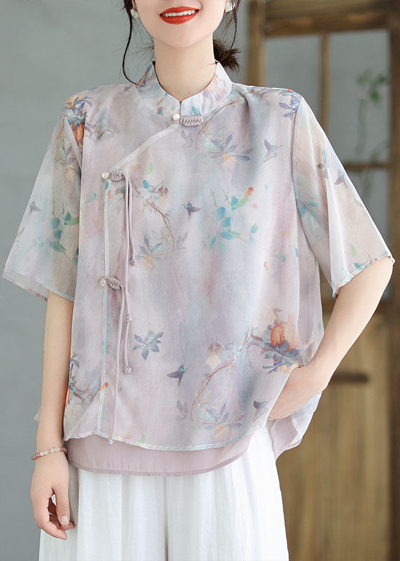 Light Purple Patchwork Cotton Blouses Tasseled Chinese Button Summer LY3969 - fabuloryshop