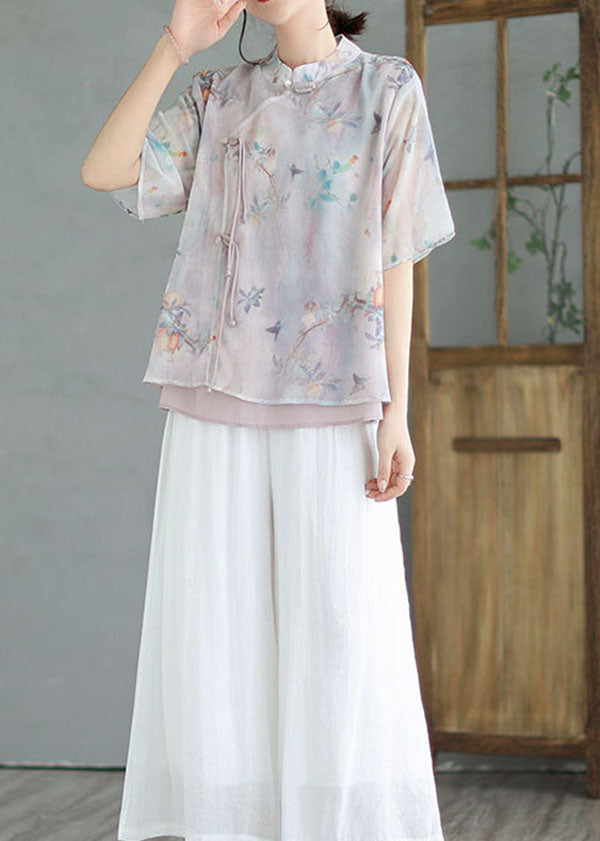 Light Purple Patchwork Cotton Blouses Tasseled Chinese Button Summer LY3969 - fabuloryshop