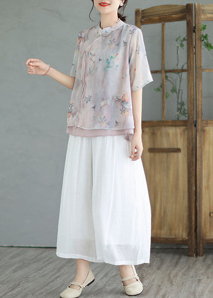 Light Purple Patchwork Cotton Blouses Tasseled Chinese Button Summer LY3969 - fabuloryshop