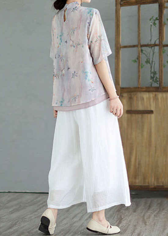 Light Purple Patchwork Cotton Blouses Tasseled Chinese Button Summer LY3969 - fabuloryshop