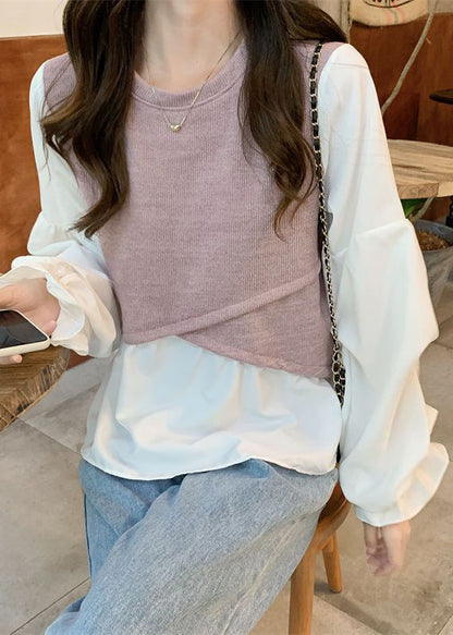 Light Purple Patchwork Cotton Fake Two Piece Shirt Lantern Sleeve LY2623 - fabuloryshop