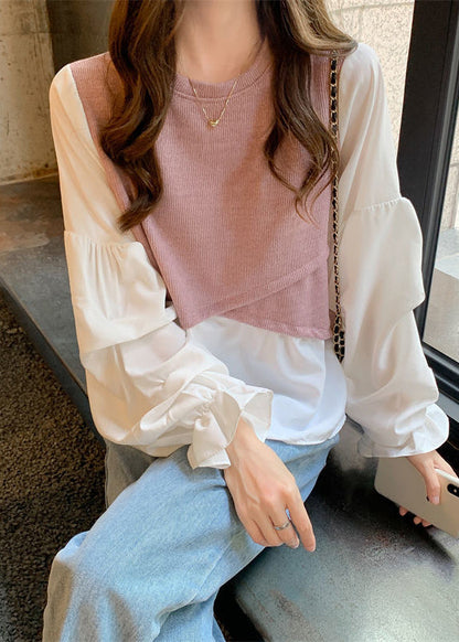 Light Purple Patchwork Cotton Fake Two Piece Shirt Lantern Sleeve LY2623 - fabuloryshop