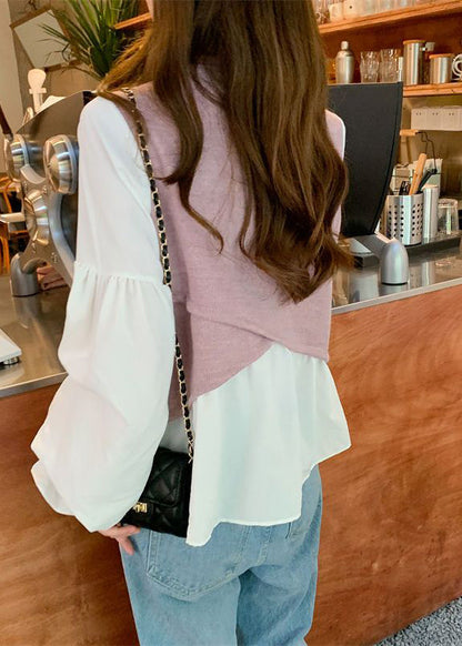 Light Purple Patchwork Cotton Fake Two Piece Shirt Lantern Sleeve LY2623 - fabuloryshop