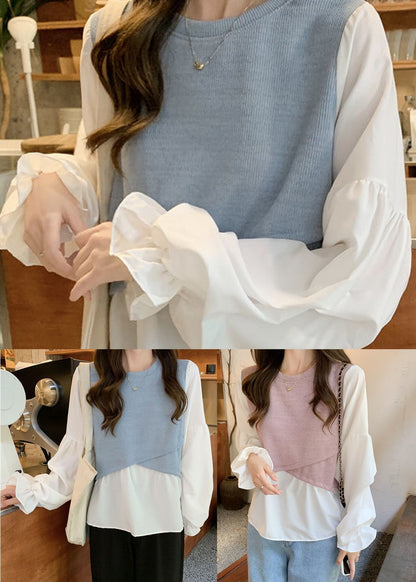 Light Purple Patchwork Cotton Fake Two Piece Shirt Lantern Sleeve LY2623 - fabuloryshop