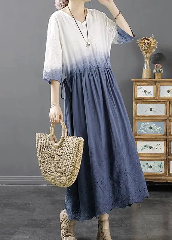 Lighy Blue V Neck Hollow Out Long A Line Dress Fall Ada Fashion