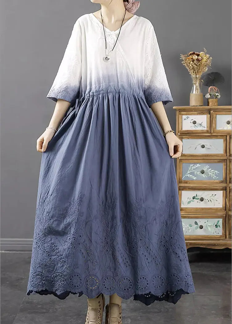 Lighy Blue V Neck Hollow Out Long A Line Dress Fall Ada Fashion