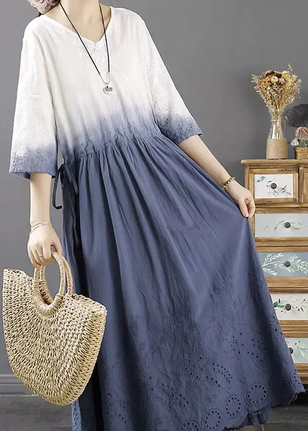 Lighy Blue V Neck Hollow Out Long A Line Dress Fall Ada Fashion