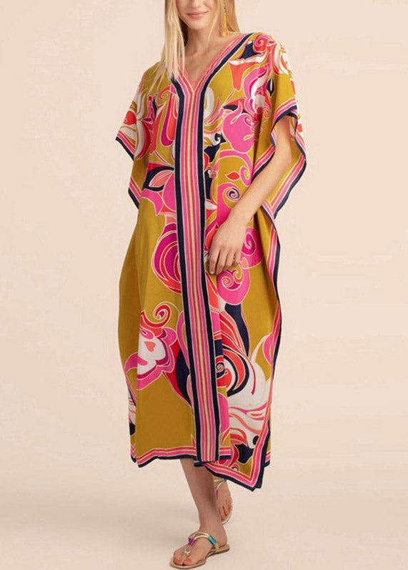 Long Kaftan Bohemian Printed Bikini Cover Ups Sexy Yellow V Neck LY3032 - fabuloryshop
