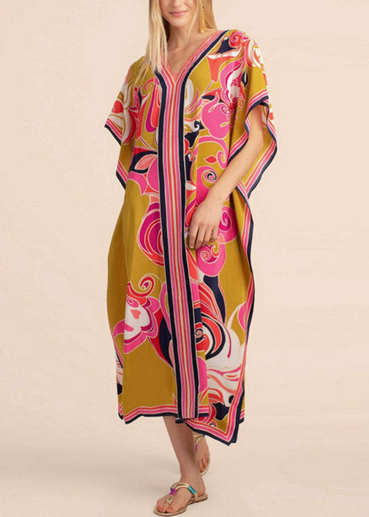 Long Kaftan Bohemian Printed Bikini Cover Ups Sexy Yellow V Neck LY3032 - fabuloryshop