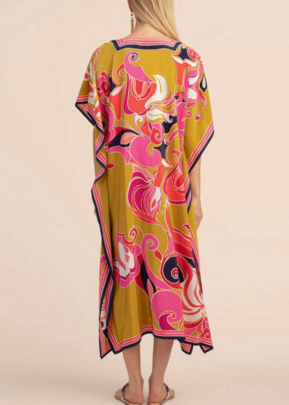 Long Kaftan Bohemian Printed Bikini Cover Ups Sexy Yellow V Neck LY3032 - fabuloryshop