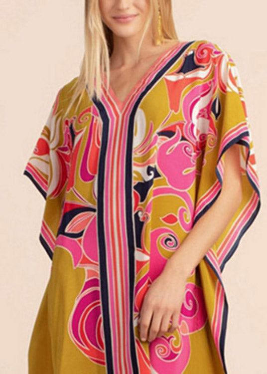 Long Kaftan Bohemian Printed Bikini Cover Ups Sexy Yellow V Neck LY3032 - fabuloryshop