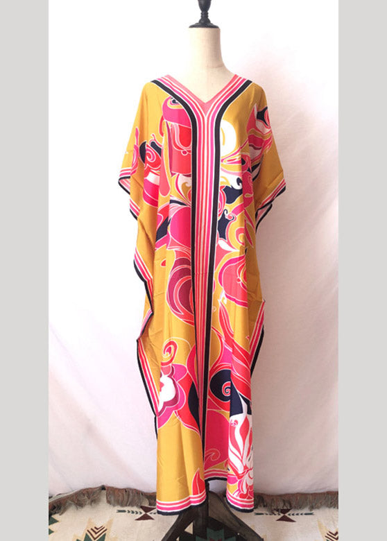 Long Kaftan Bohemian Printed Bikini Cover Ups Sexy Yellow V Neck LY3032 - fabuloryshop