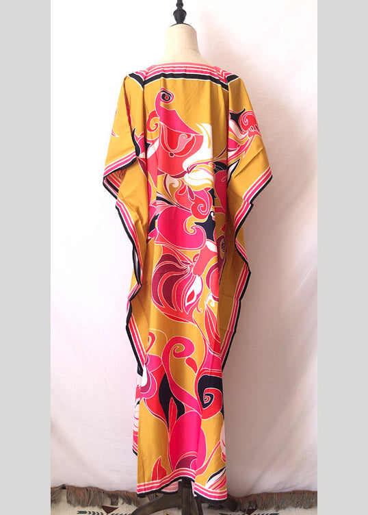 Long Kaftan Bohemian Printed Bikini Cover Ups Sexy Yellow V Neck LY3032 - fabuloryshop