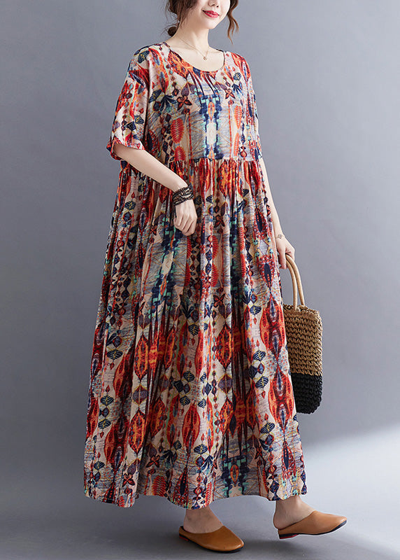 Long Red O-Neck Patchwork Cozy Cotton Maxi Dresses Summer Ada Fashion