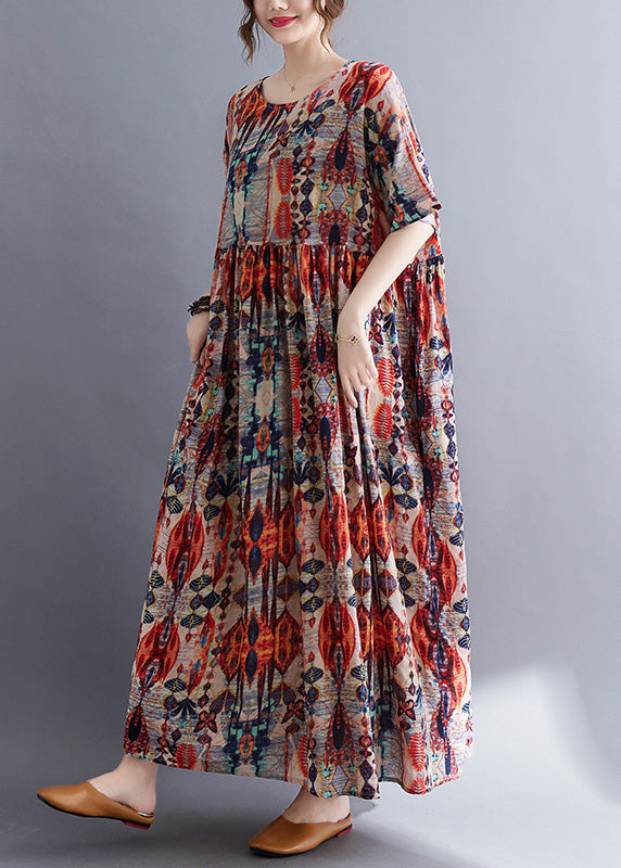 Long Red O-Neck Patchwork Cozy Cotton Maxi Dresses Summer Ada Fashion