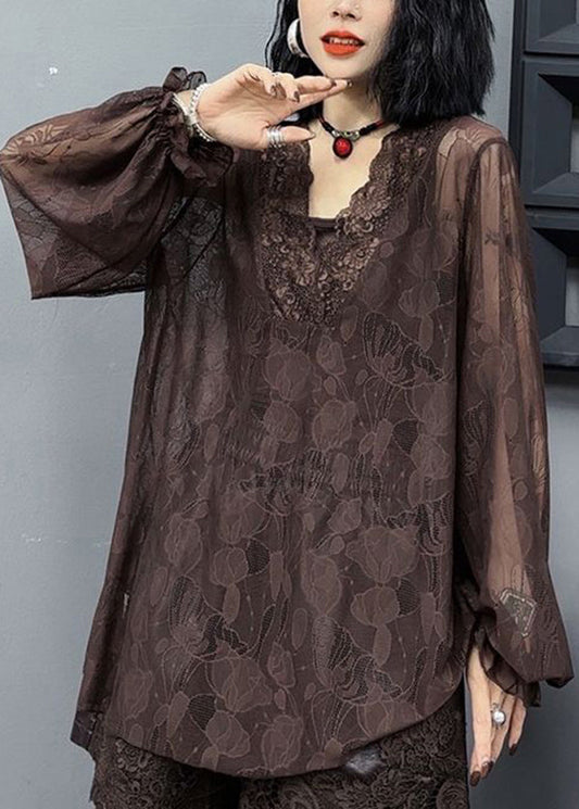 Loose And Versatile Slim V Neck Long Sleeved Coffee Lace Top Ada Fashion