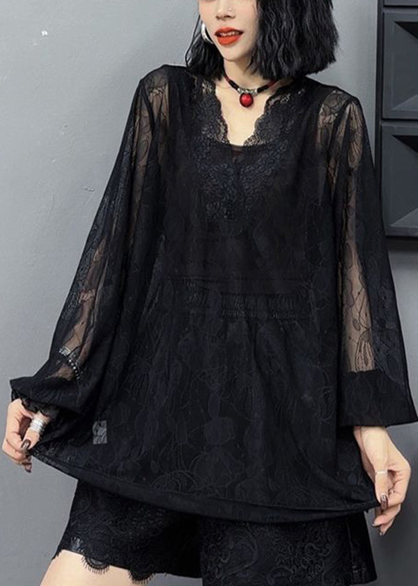 Loose And Versatile Slim V Neck Long Sleeved Coffee Lace Top Ada Fashion