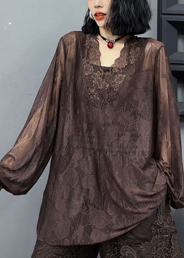 Loose And Versatile Slim V Neck Long Sleeved Coffee Lace Top Ada Fashion