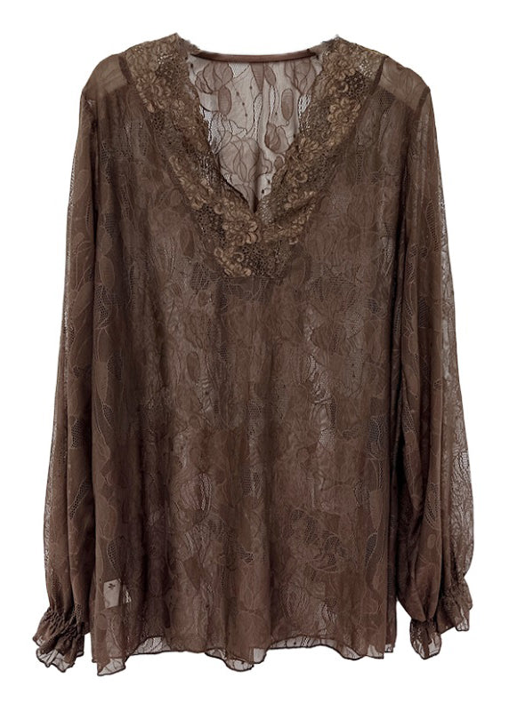 Loose And Versatile Slim V Neck Long Sleeved Coffee Lace Top Ada Fashion