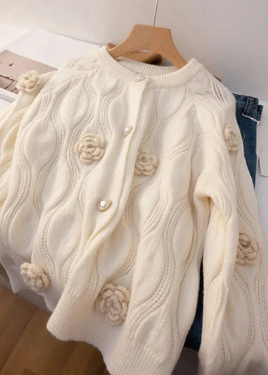 Loose Apricot Button Floral  Cotton Knit Coats Long Sleeve Ada Fashion
