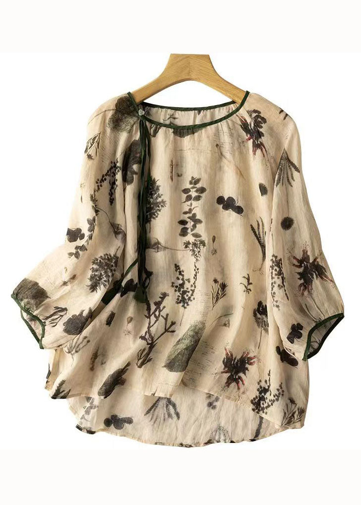 Loose Apricot O Neck Print Patchwork Cotton Shirt Tops Summer Ada Fashion