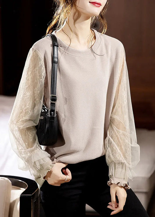 Loose Apricot Ruffled Lace Patchwork Cotton Sweatshirt Fall Ada Fashion