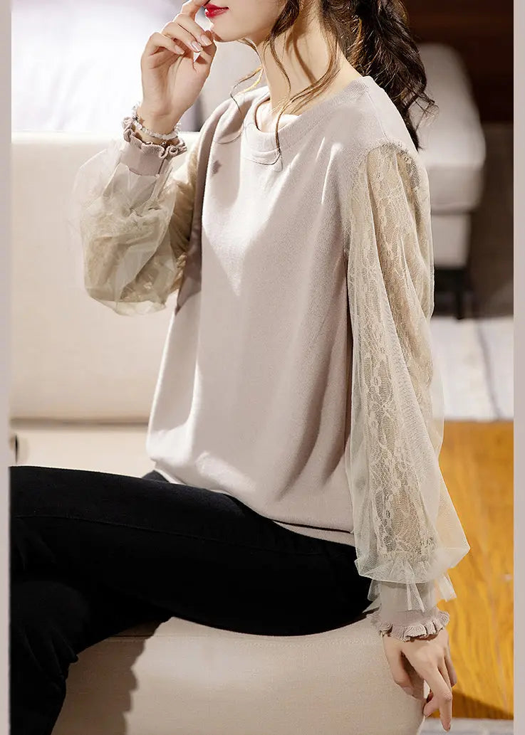 Loose Apricot Ruffled Lace Patchwork Cotton Sweatshirt Fall Ada Fashion