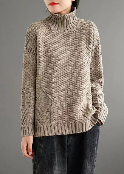 Loose Apricot Turtleneck Patchwork Knitted Cotton Sweaters Fall Ada Fashion