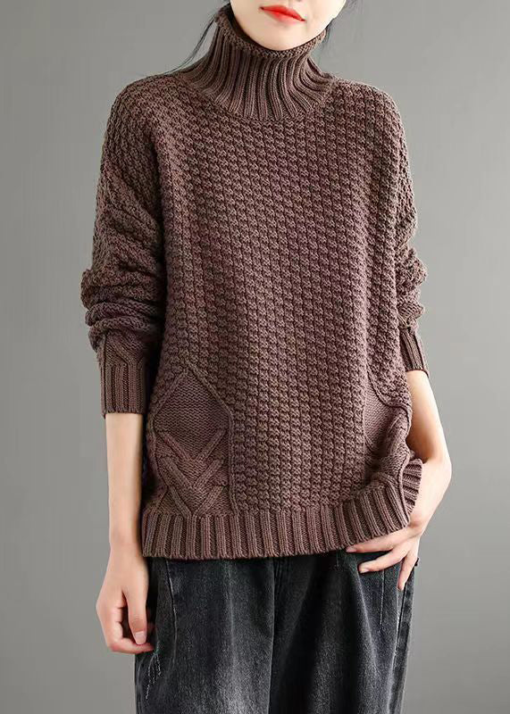 Loose Apricot Turtleneck Patchwork Knitted Cotton Sweaters Fall Ada Fashion