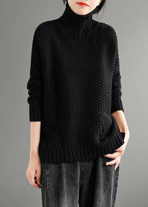 Loose Apricot Turtleneck Patchwork Knitted Cotton Sweaters Fall Ada Fashion