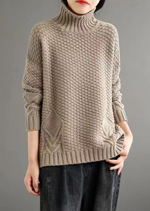 Loose Apricot Turtleneck Patchwork Knitted Cotton Sweaters Fall Ada Fashion