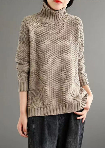 Loose Apricot Turtleneck Patchwork Knitted Cotton Sweaters Fall Ada Fashion