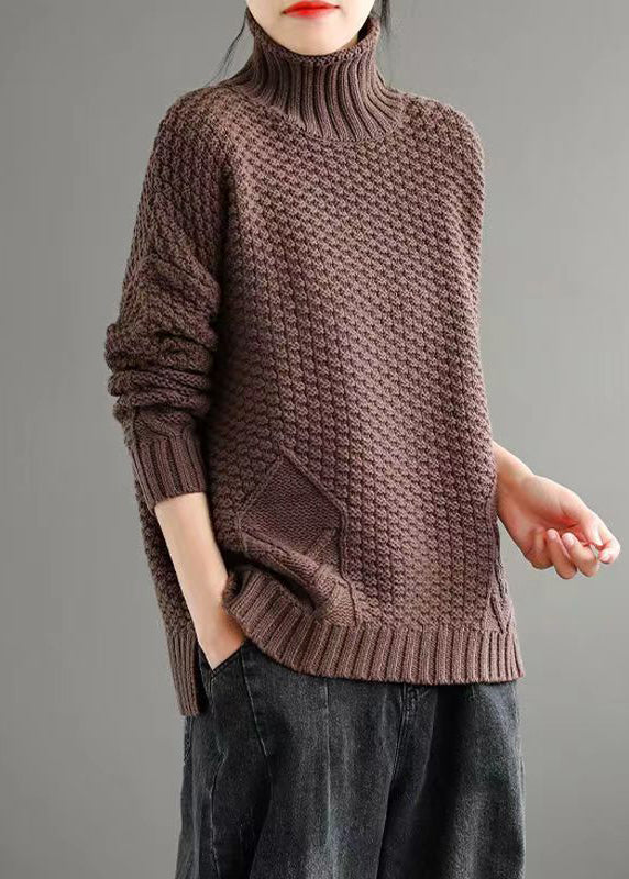 Loose Apricot Turtleneck Patchwork Knitted Cotton Sweaters Fall Ada Fashion