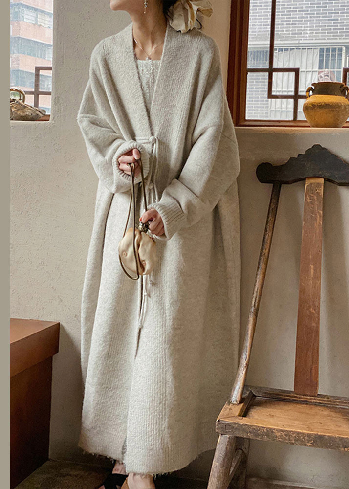 Loose Apricot V Neck Button Patchwork Knit Long Coat Fall Ada Fashion