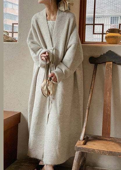 Loose Apricot V Neck Button Patchwork Knit Long Coat Fall Ada Fashion