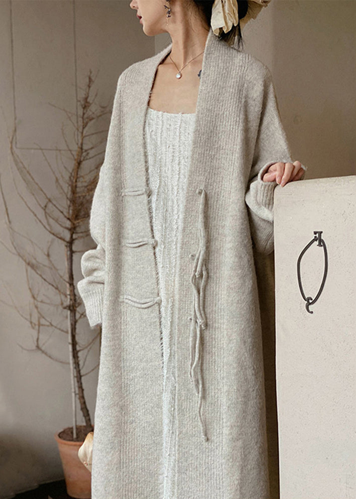 Loose Apricot V Neck Button Patchwork Knit Long Coat Fall Ada Fashion