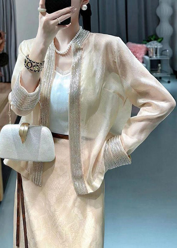 Loose Apricot V Neck Nail Bead Patchwork Silk Cardigan Fall Ada Fashion