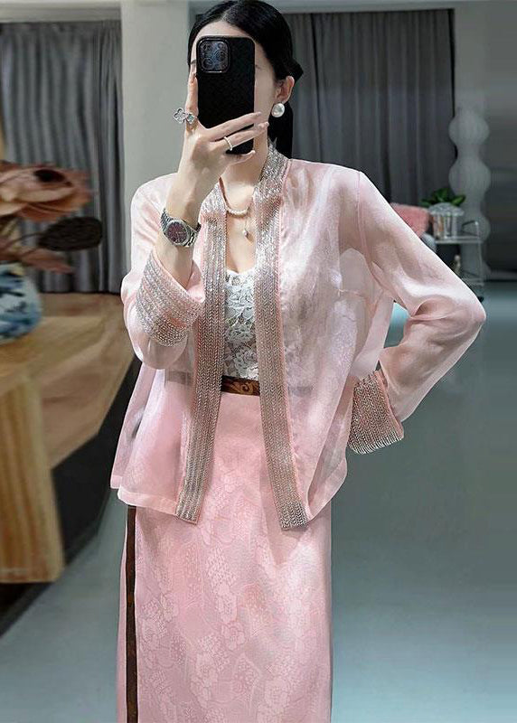 Loose Apricot V Neck Nail Bead Patchwork Silk Cardigan Fall Ada Fashion