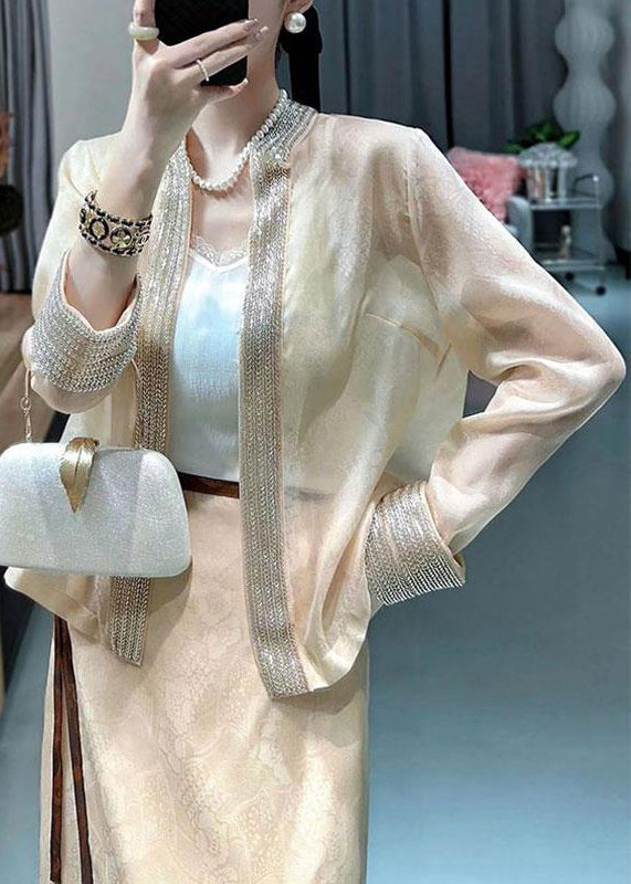 Loose Apricot V Neck Nail Bead Patchwork Silk Cardigan Fall Ada Fashion