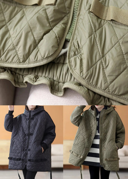 Loose Army Green Hooded Pockets Cotton Filled Parka Winter Ada Fashion