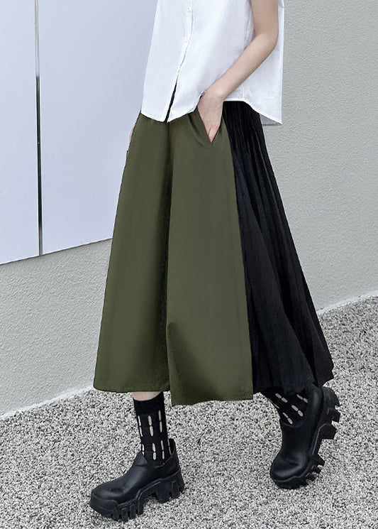 Loose Army Green Pockets Wrinkled Patchwork Cotton Pants Skirt Fall Ada Fashion