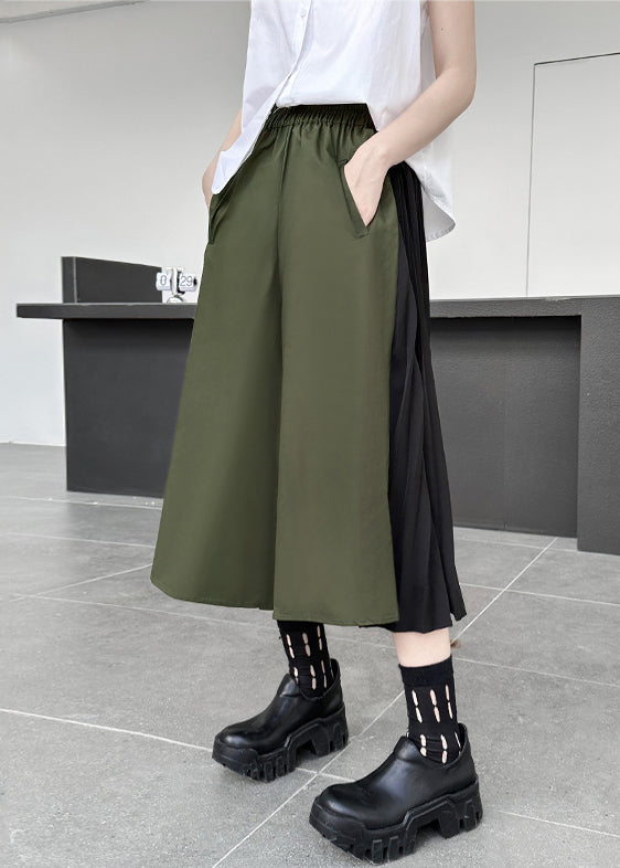 Loose Army Green Pockets Wrinkled Patchwork Cotton Pants Skirt Fall Ada Fashion