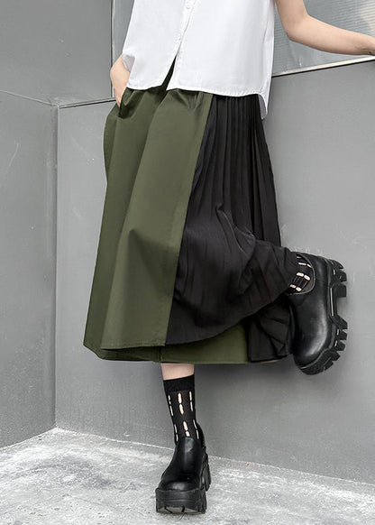 Loose Army Green Pockets Wrinkled Patchwork Cotton Pants Skirt Fall Ada Fashion