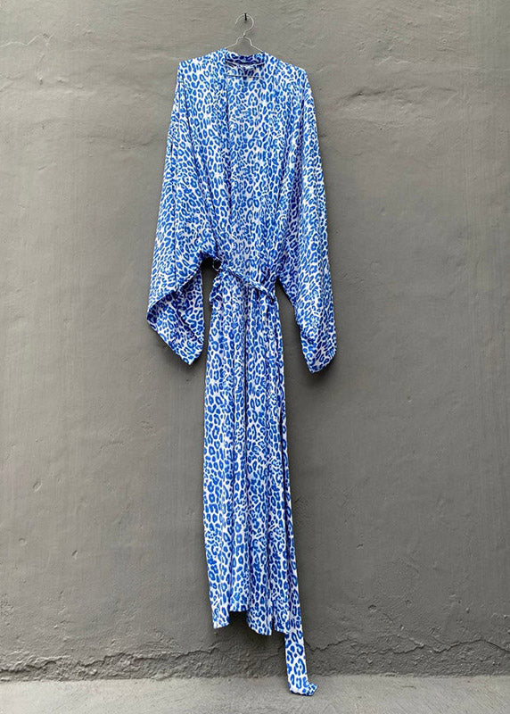 Loose Baby Blue V Neck Print Tie Wais Cotton Holiday Long Cardigans Summer LY3013 - fabuloryshop